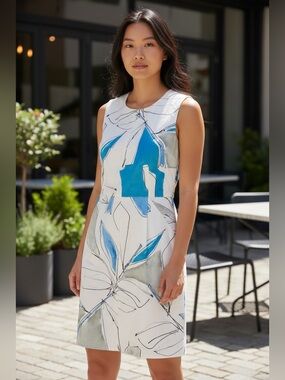 Milly Abstract Floral Sleeveless Shift Dress in Blue and White, Size 6